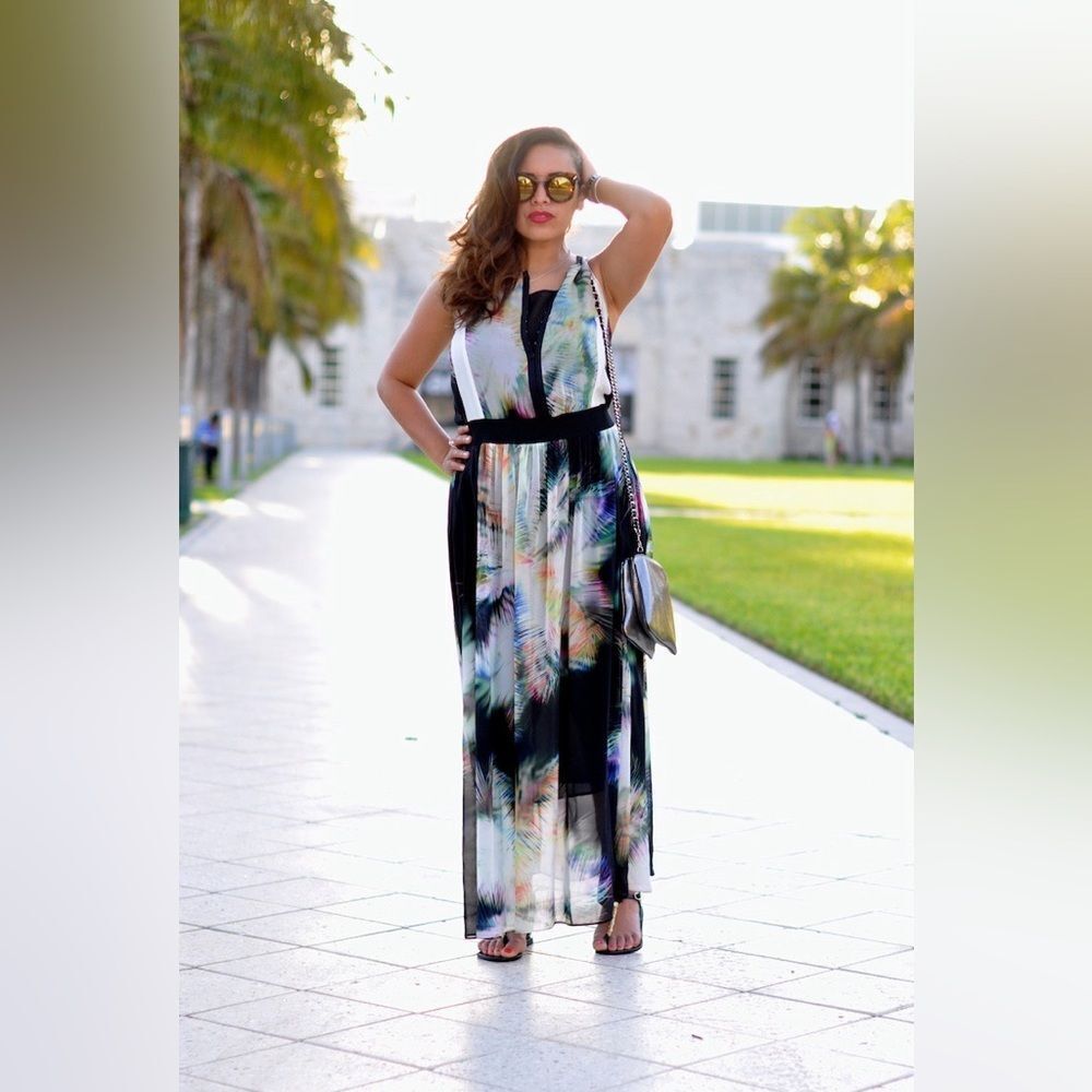 Anthropologie Ranna Gill Sandro Tropicalia Multicolor Feather Print Maxi Dress